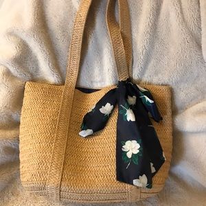 Draper James Straw Bag with Blue Floral Scarf EUC